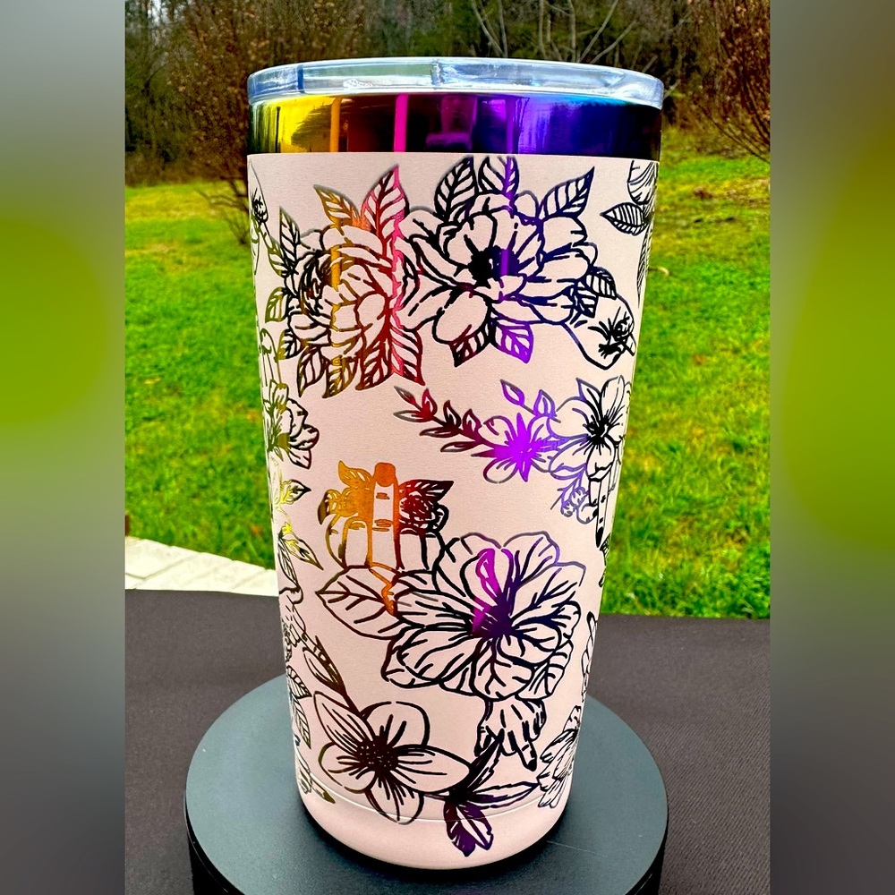 Chroma/Baby Pink Flowers Middle Finger F*ck Off Laser Engraved 20oz Tumbler BNWT